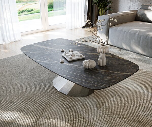 DELIFE Konferenčný stolík Edge zaoblený 140x80 cm keramika Laminam® Noir Desir hnedá Parabi metalická strieborná