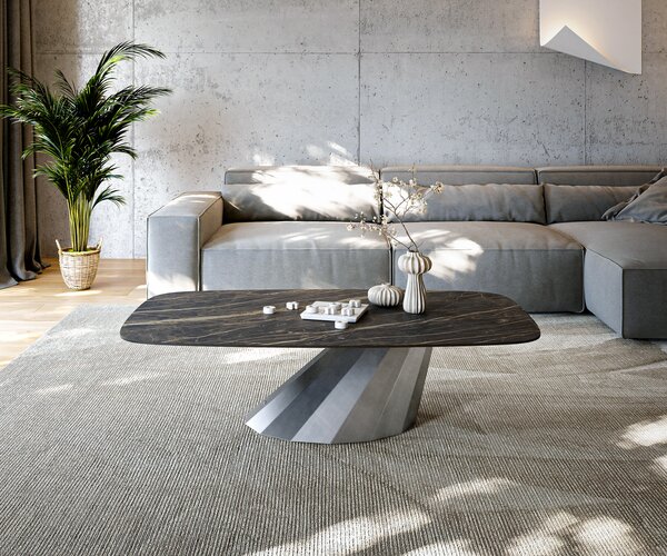 DELIFE Konferenčný stolík Edge zaoblený 140x80 cm keramika Laminam® Noir Desir hnedá Parabi metalická strieborná
