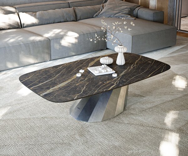 DELIFE Konferenčný stolík Edge zaoblený 140x80 cm keramika Laminam® Noir Desir hnedá Parabi metalická strieborná
