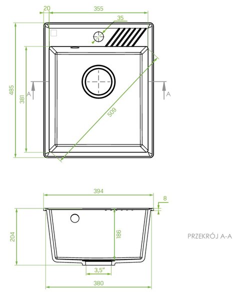 Laveo Hub, 1-komorový granitový drez 394x485x204 mm, tmavá šedá (Volcano), LAV-SPH_V10Y