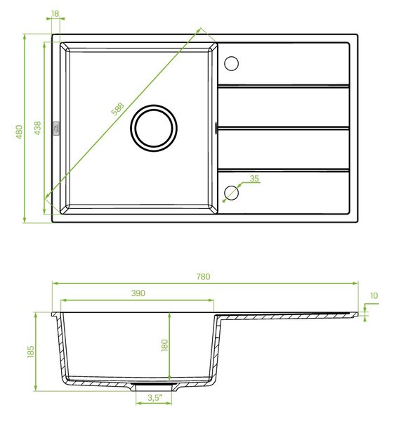 Laveo Wolin, 1-komorový granitový drez 780x480x185 mm, čierna škvrnitá, LAV-SPW_711T