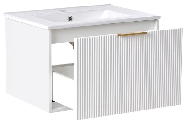 Závesná kúpeľňová skrinka s umývadlom biela so zlatým úchytom MDF 60 cm s 2 zásuvkami úložný priestor moderný štýl kúpeľňa
