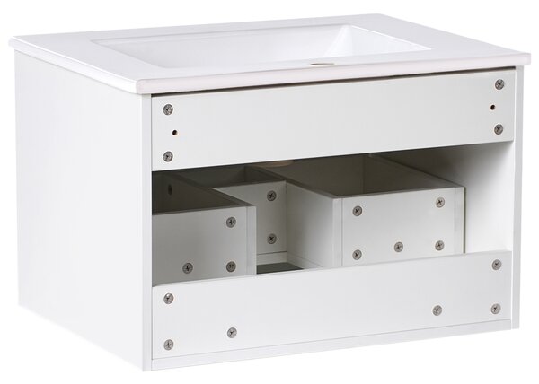 Závesná kúpeľňová skrinka s umývadlom biela so zlatým úchytom MDF 60 cm s 2 zásuvkami úložný priestor moderný štýl kúpeľňa