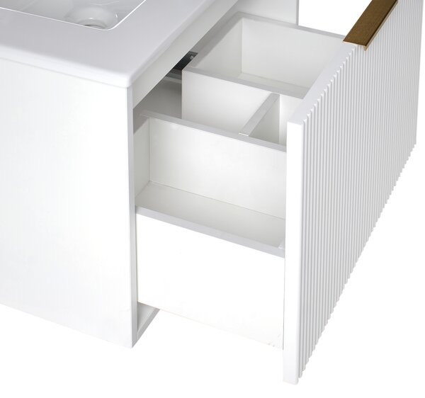 Závesná kúpeľňová skrinka s umývadlom biela so zlatým úchytom MDF 60 cm s 2 zásuvkami úložný priestor moderný štýl kúpeľňa