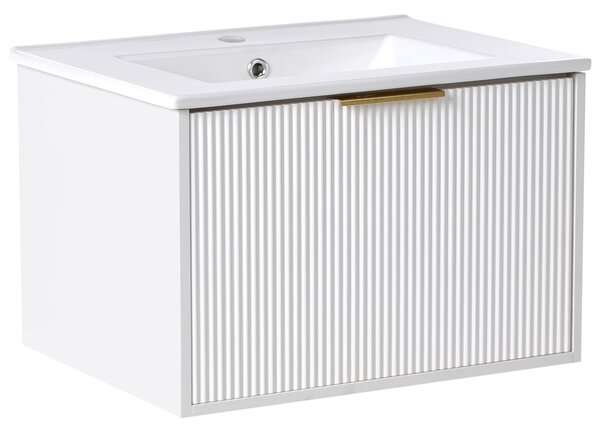 Závesná kúpeľňová skrinka s umývadlom biela so zlatým úchytom MDF 60 cm s 2 zásuvkami úložný priestor moderný štýl kúpeľňa