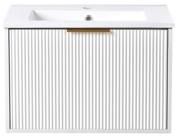 Závesná kúpeľňová skrinka s umývadlom biela so zlatým úchytom MDF 60 cm s 2 zásuvkami úložný priestor moderný štýl kúpeľňa