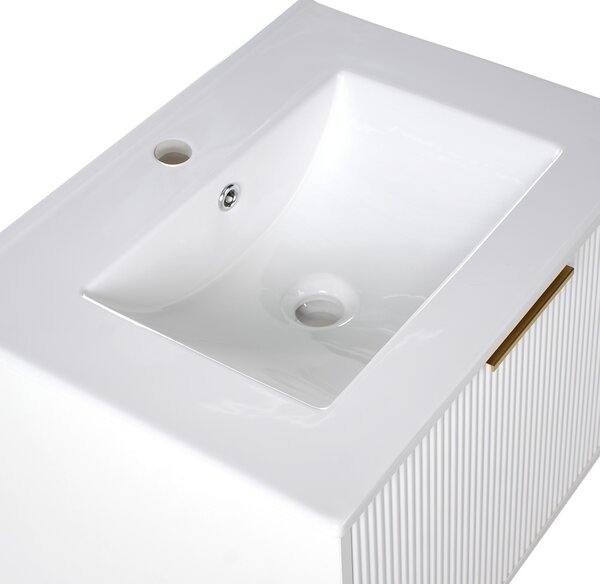 Závesná kúpeľňová skrinka s umývadlom biela so zlatým úchytom MDF 60 cm s 2 zásuvkami úložný priestor moderný štýl kúpeľňa