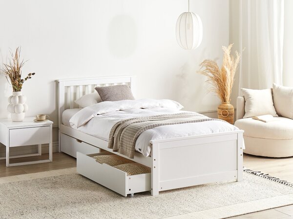 Posteľ biela borovicové drevo MDF 90 x 200 cm s čelom úložný priestor 2 zásuvky minimalistický škandinávsky štýl spálňa detská izba