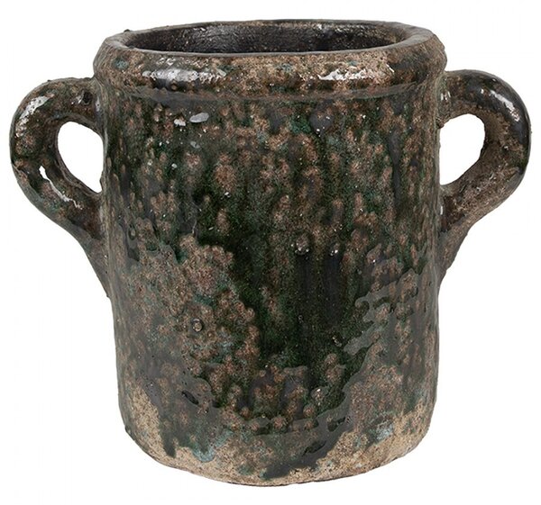 Zelený antik terakotový kvetináč s uškami Teracci M - 21*14*16 cm - Clayre & Eef