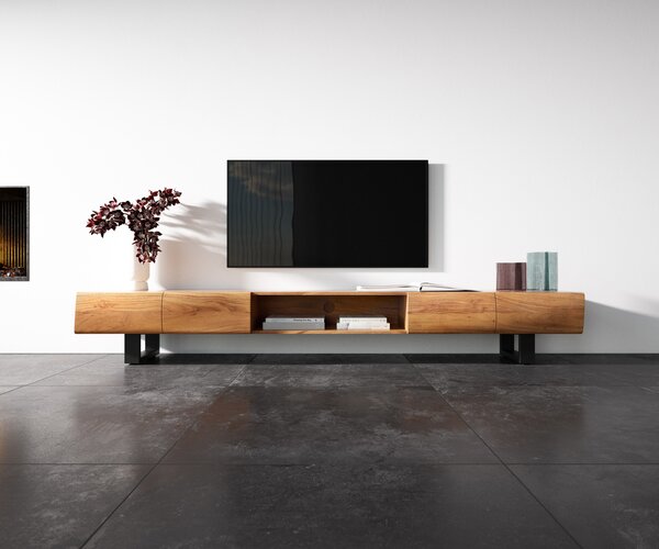 DELIFE TV stolík New Live-Edge 240 cm akácia prírodná 4 dvierka 1 priehradka kovová tenká podstava čierna