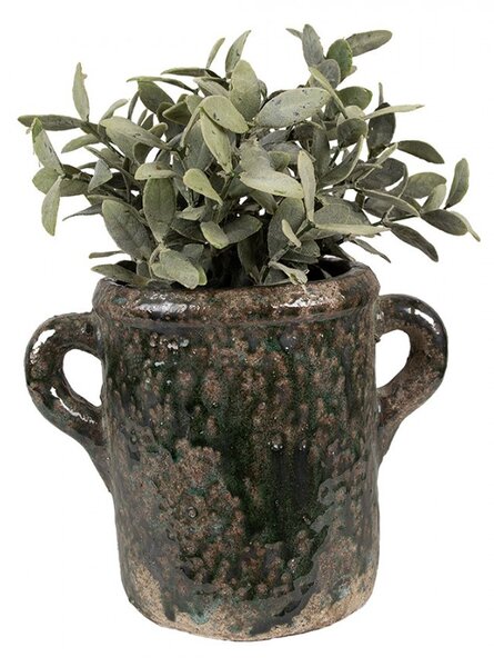 Zelený antik terakotový kvetináč s uškami Teracci M - 21*14*16 cm - Clayre & Eef