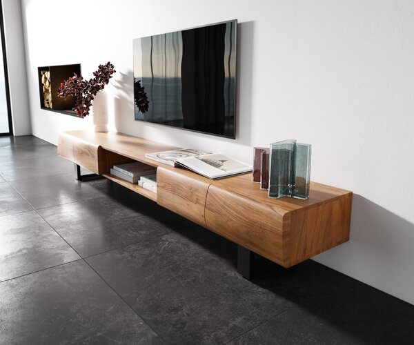 DELIFE TV stolík New Live-Edge 240 cm akácia prírodná 4 dvierka 1 priehradka kovová tenká podstava čierna