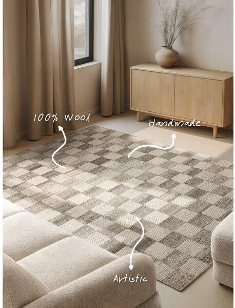 Krémovobiely ručne tkaný vlnený koberec 80x150 cm Boho 1.0 Quadra – Vikosa