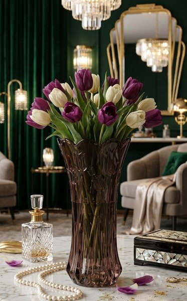 Čokoládově hnědá skleněná váza s reliéfem tulipánů Delight - Ø 10*20 cm - daan kromhout