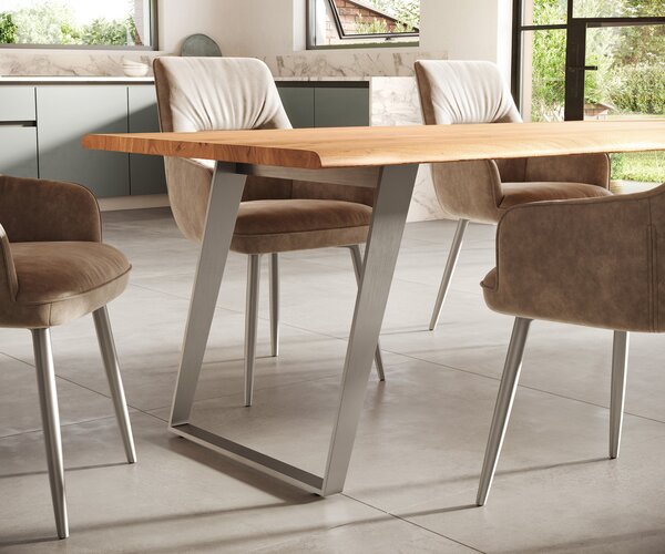 DELIFE Jedálenský stôl Edge 300x100 cm akácia prírodná nerezová oceľ strieborná skosený Live-Edge