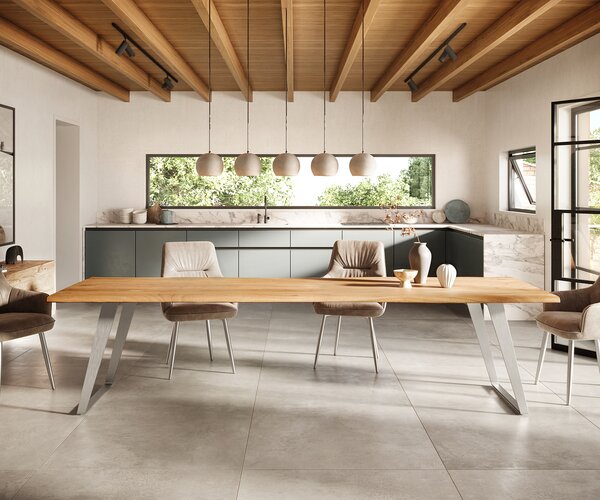 DELIFE Jedálenský stôl Edge 300x100 cm akácia prírodná nerezová oceľ strieborná skosený Live-Edge