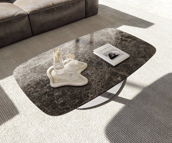 DELIFE Konferenčný stolík Edge zaoblený tvar 120x70 cm keramika Laminam® Emperador Extra Lucidato tmavohnedá Vibany nerezová oceľ kefovaná