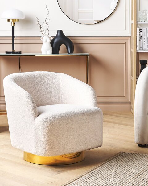 Kreslo krémová biela zlatá buklé čalúnenie otočný podstavec o 360° s podrúčkami retro glamour art deco štýl obývačka spálňa