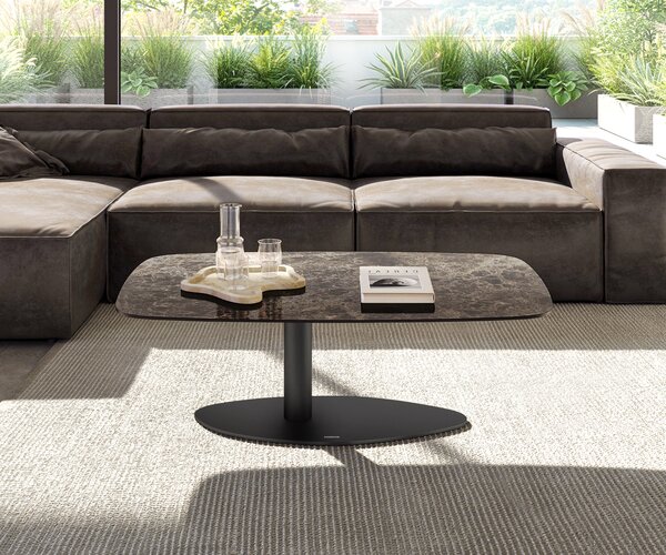 DELIFE Konferenčný stolík Edge zaoblený 120x70 cm keramika Laminam® Emperador Extra Lucidato tmavohnedá Vibany kov čierna