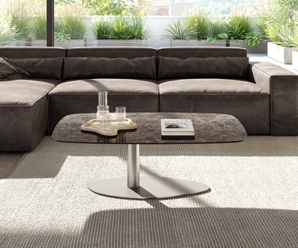 DELIFE Konferenčný stolík Edge zaoblený tvar 120x70 cm keramika Laminam® Emperador Extra Lucidato tmavohnedá Vibany nerezová oceľ kefovaná