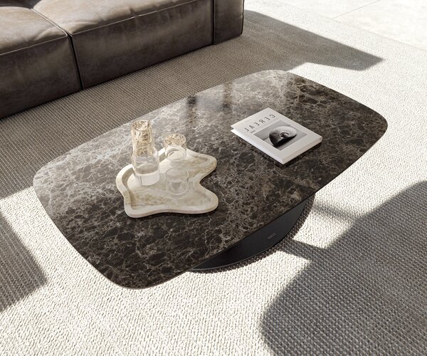 DELIFE Konferenčný stolík Edge zaoblený 120x70 cm keramika Laminam® Emperador Extra Lucidato tmavohnedá Vibany kov čierna