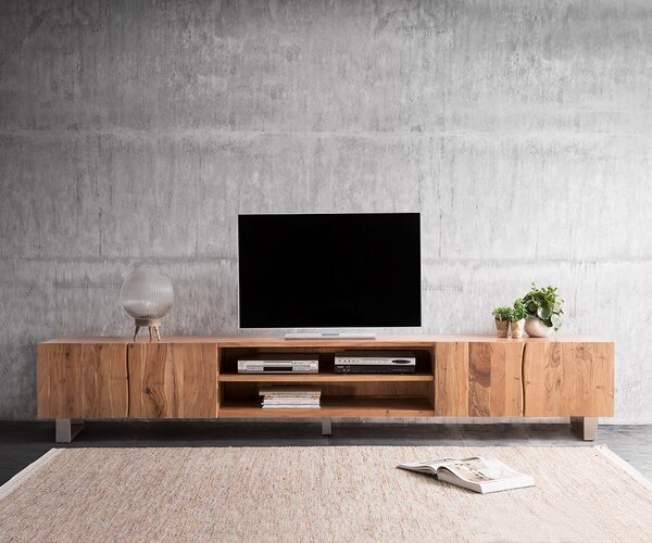 DELIFE TV stolík Live-Edge 300 cm akácia prírodná 4 dvierka 2 priehradky