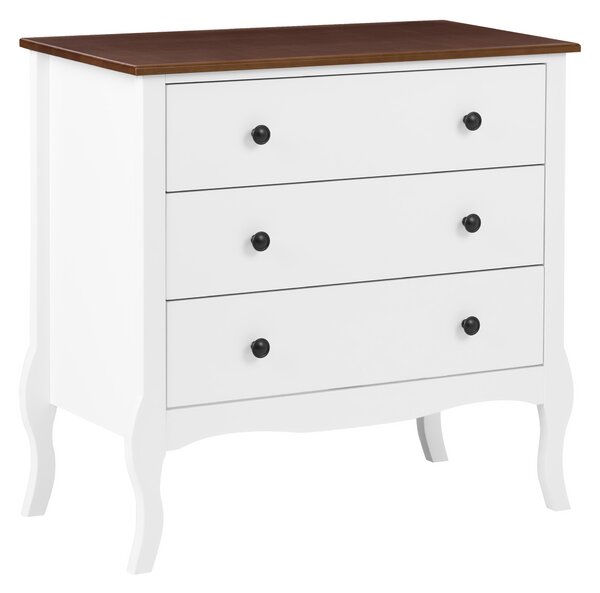 Komoda s 3 zásuvkami biela MDF úložný priestor vrchná doska z kaučukového dreva moderný francúzsky shabby chic štýl obývacia izba