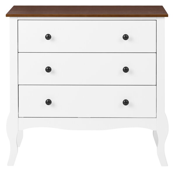 Komoda s 3 zásuvkami biela MDF úložný priestor vrchná doska z kaučukového dreva moderný francúzsky shabby chic štýl obývacia izba