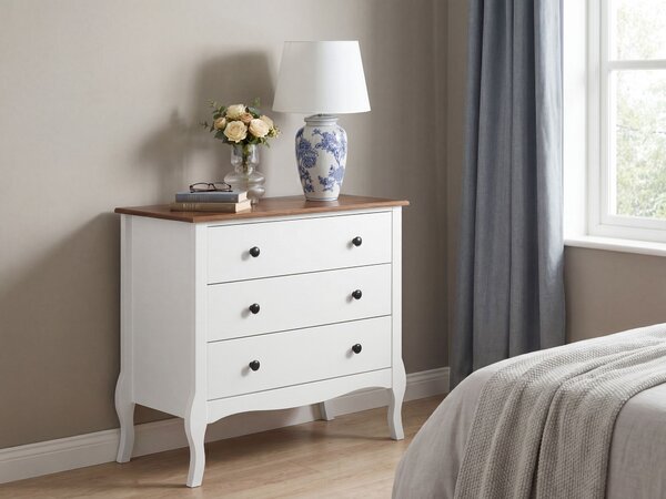 Komoda s 3 zásuvkami biela MDF úložný priestor vrchná doska z kaučukového dreva moderný francúzsky shabby chic štýl obývacia izba