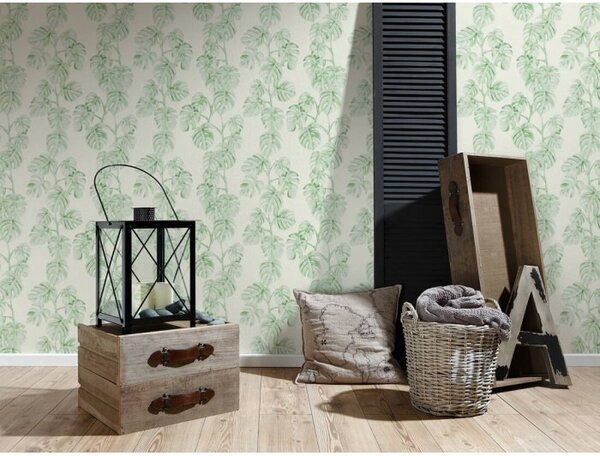 A.S. Création | Vliesová tapeta na stenu Greenery 37281-3 | 0,53 x 10,05 m | zelená, biela