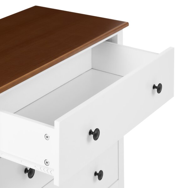 Komoda s 3 zásuvkami biela MDF úložný priestor vrchná doska z kaučukového dreva moderný francúzsky shabby chic štýl obývacia izba