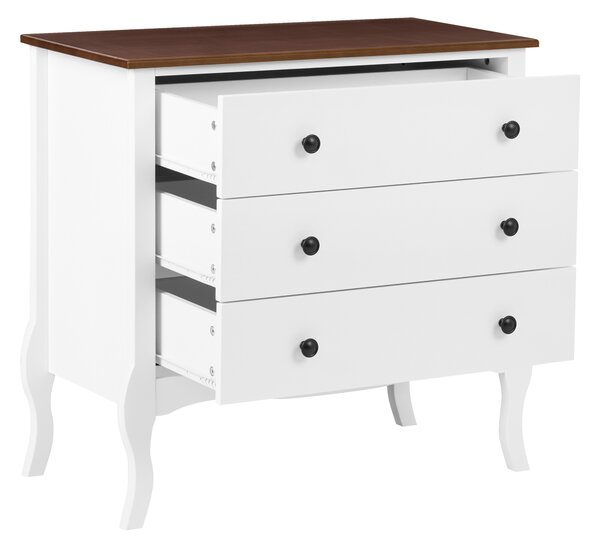 Komoda s 3 zásuvkami biela MDF úložný priestor vrchná doska z kaučukového dreva moderný francúzsky shabby chic štýl obývacia izba