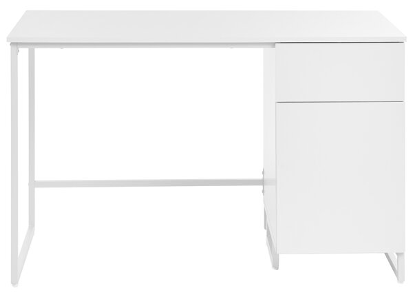 Písací stôl biely MDF 120 x 60 cm oceľový rám so zásuvkou a skrinkou moderný minimalistický štýl pracovňa