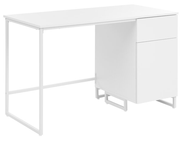 Písací stôl biely MDF 120 x 60 cm oceľový rám so zásuvkou a skrinkou moderný minimalistický štýl pracovňa