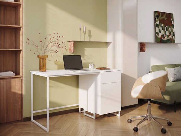 Písací stôl biely MDF 120 x 60 cm oceľový rám so zásuvkou a skrinkou moderný minimalistický štýl pracovňa