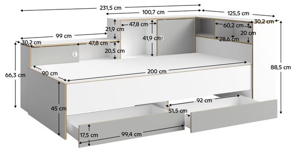 Jednolôžková posteľ s roštom a úložným priestorom Pinio 90x200 cm - biela / sivá