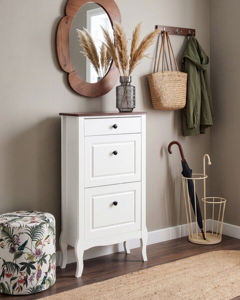 Skrinka na topánky biela MDF úložný priestor vrchná doska z kaučukového dreva moderný francúzsky shabby chic štýl obývacia izba