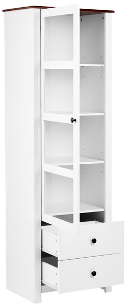 Vitrína biela MDF 60 cm sklenené dvierka 2 zásuvky úložný priestor rustikálny cottage štýl obývacia izba