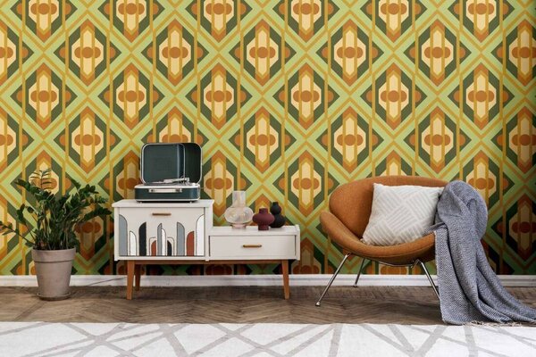 A.S. Création | Vliesová tapeta na stenu Retro Chic 39531-2 | 0,53 x 8,5 m | zelená, žltá, oranžová, okrová