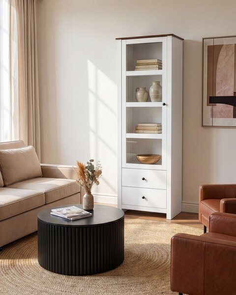 Vitrína biela MDF 60 cm sklenené dvierka 2 zásuvky úložný priestor rustikálny cottage štýl obývacia izba