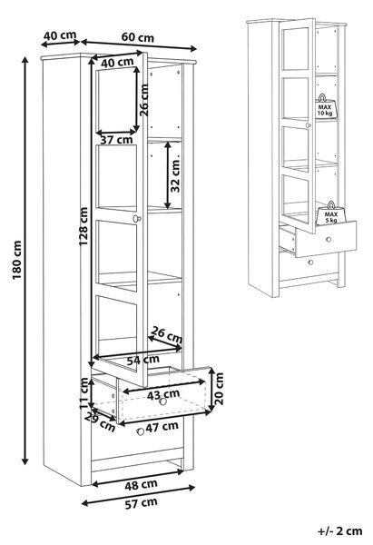 Vitrína biela MDF 60 cm sklenené dvierka 2 zásuvky úložný priestor rustikálny cottage štýl obývacia izba