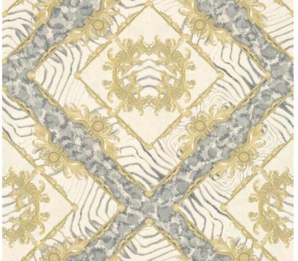 A.S. Création | Vliesová tapeta na stenu Versace 34904-2 | 0,70 x 10,05 m | žltá, krémová, šedá, metalická
