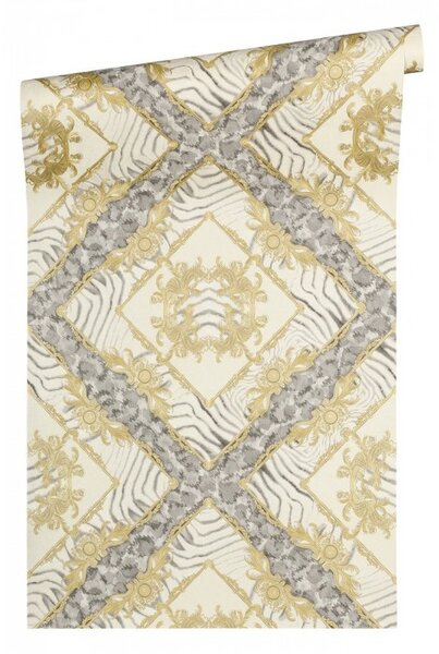 A.S. Création | Vliesová tapeta na stenu Versace 34904-2 | 0,70 x 10,05 m | žltá, krémová, šedá, metalická