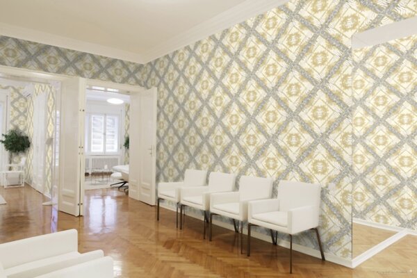 A.S. Création | Vliesová tapeta na stenu Versace 34904-2 | 0,70 x 10,05 m | žltá, krémová, šedá, metalická