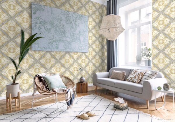 A.S. Création | Vliesová tapeta na stenu Versace 34904-2 | 0,70 x 10,05 m | žltá, krémová, šedá, metalická