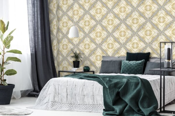A.S. Création | Vliesová tapeta na stenu Versace 34904-2 | 0,70 x 10,05 m | žltá, krémová, šedá, metalická