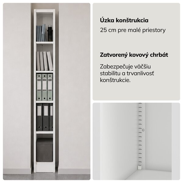 Úzky kovový archivačný regál na dokumenty biely, 250x1950x400 mm: TIM