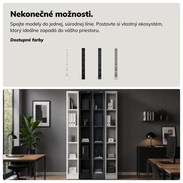 Úzky kovový archivačný regál na dokumenty sivý, 250x1850x600 mm: TIM