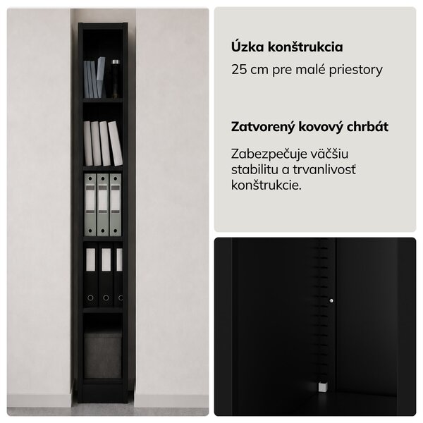 Úzky kovový archivačný regál na dokumenty antracitový, 250x1850x600 mm: TIM