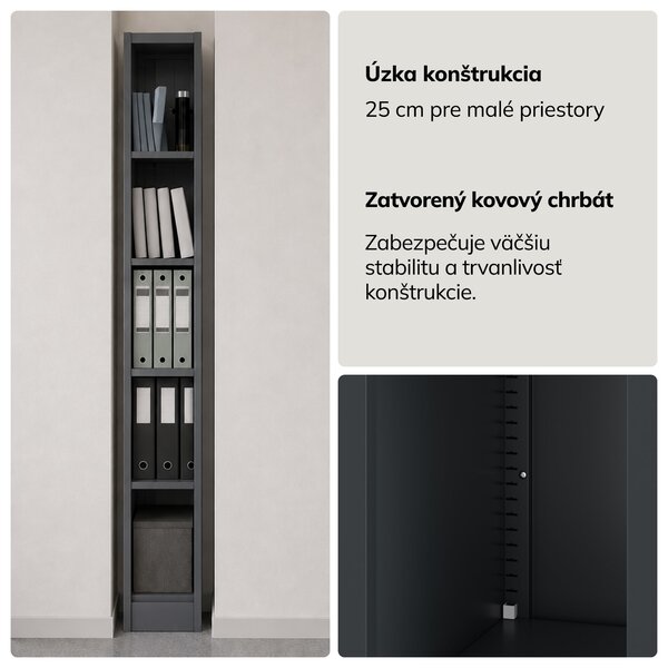 Úzky kovový archivačný regál na dokumenty antracitový, 250x1950x400 mm: TIM